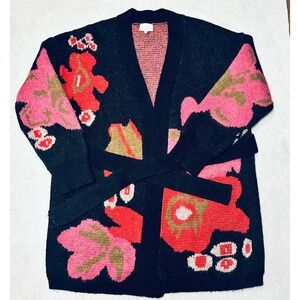 Entro Floral‎ Knit Cardigan Sweater Open Black Pink Oversized Cozy M BOHO